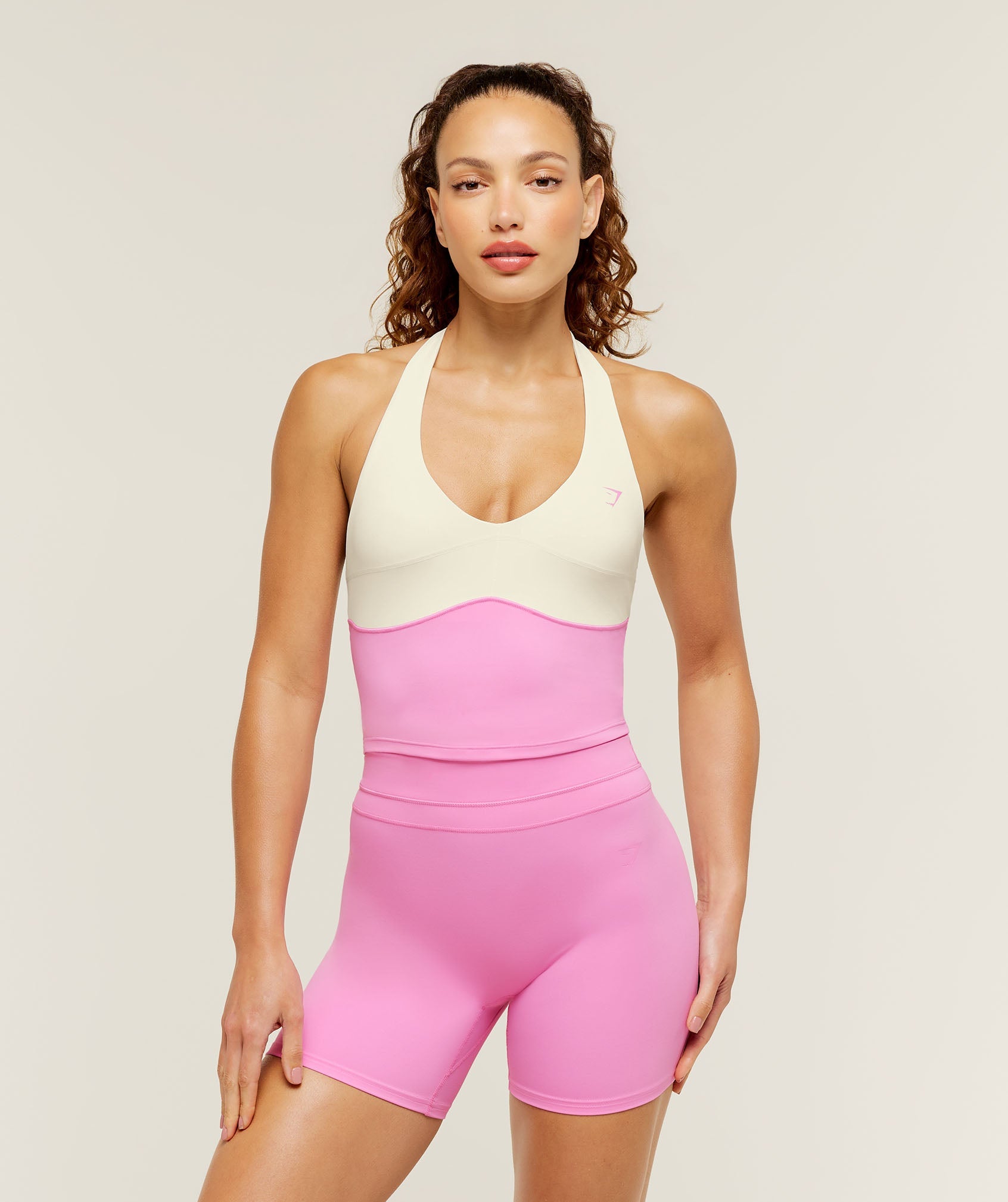 Colour Block Halter Neck Tank With Shelf - Focus Pink/Soft White