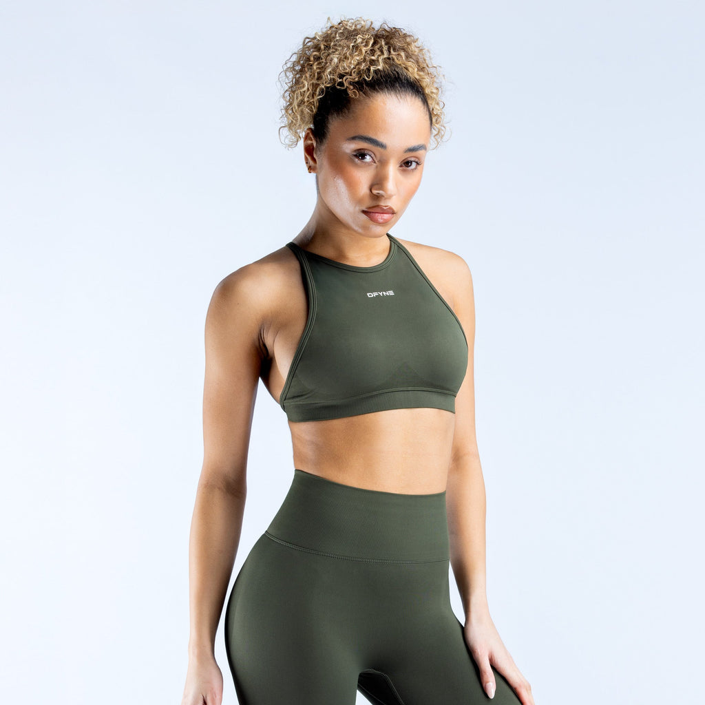 Dynamic High Neck Backless Sports Bra Olive