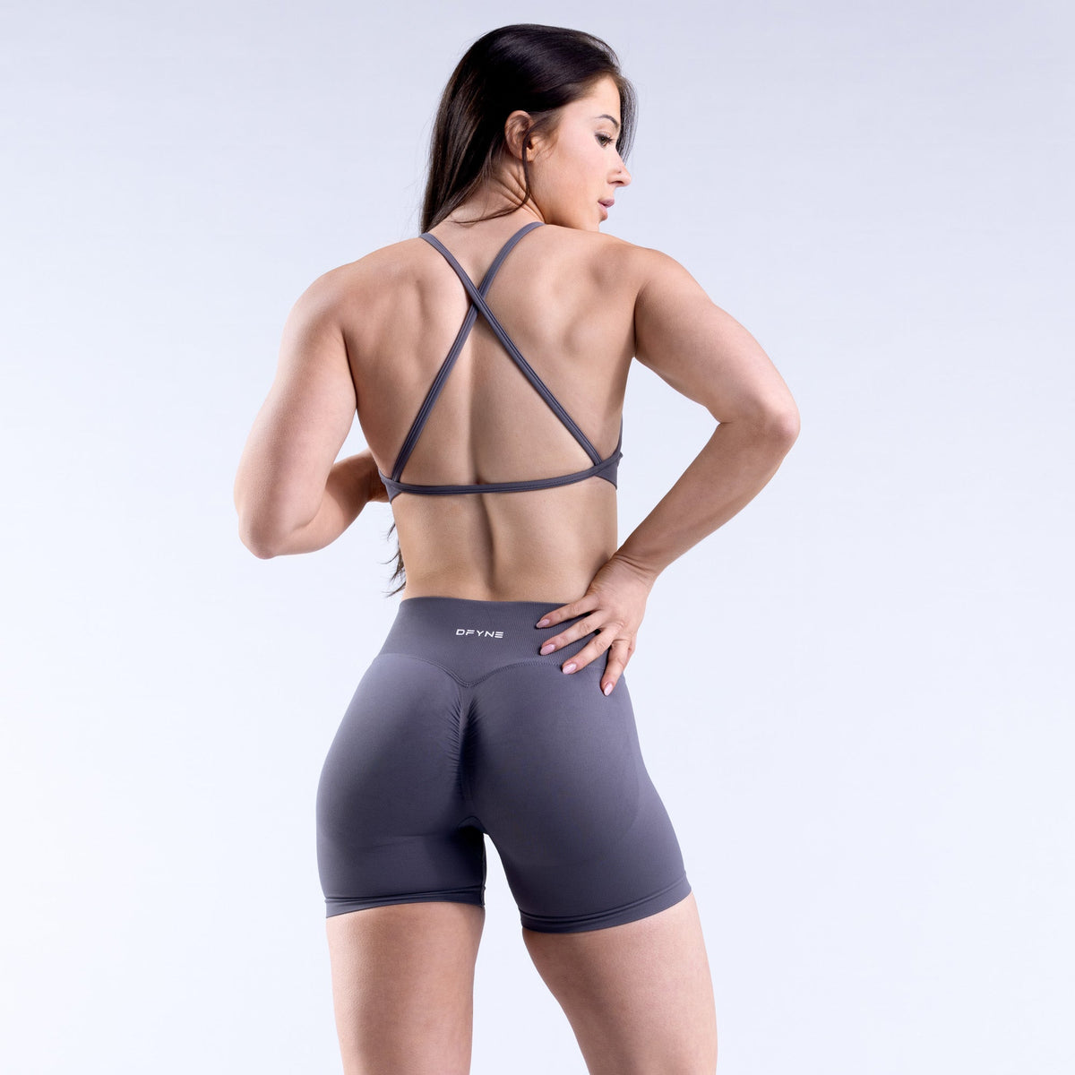 Dynamic High Neck Backless Sports Bra Dark Stone Grey