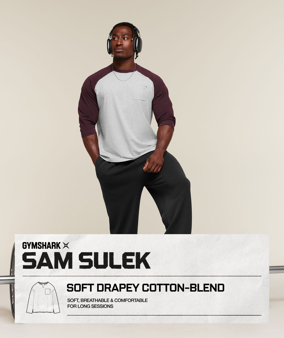 Gymshark x Sam Sulek Raglan Top - Bros Soft Grey Marl/Cherry Purple/Wash ;)