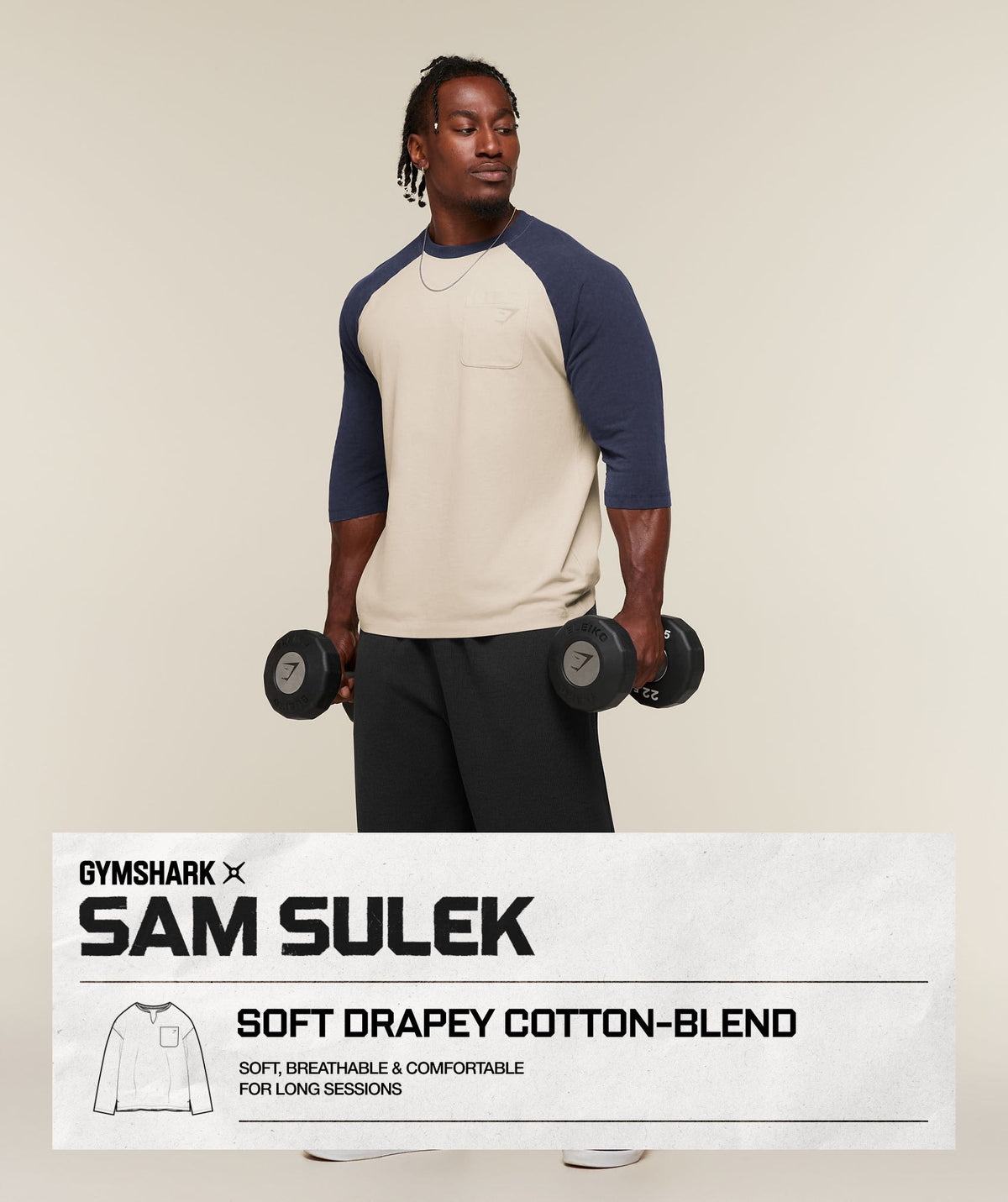Gymshark x Sam Sulek Raglan Top - Chalk Beige/Heavy Blue/Wash ;)